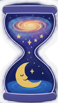 The Bedtime Scientist emblem: an hourglass holding a galaxy above a sleeping moon